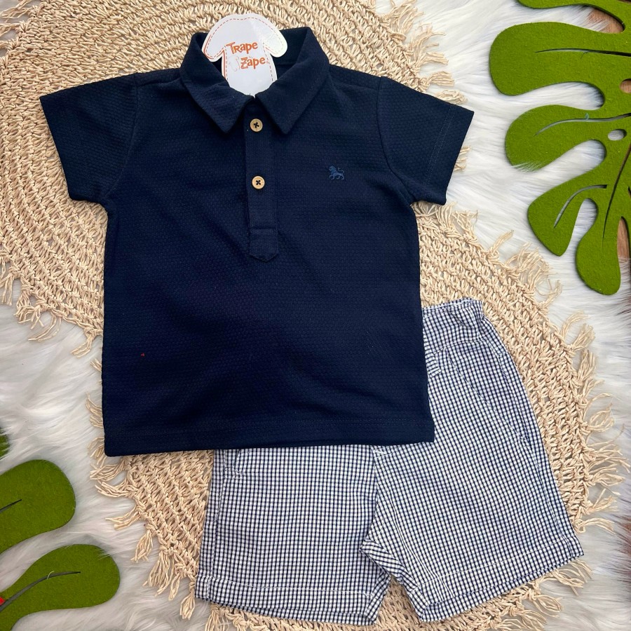 Conj Camiseta gola Polo e Short Xadrez Marinho
